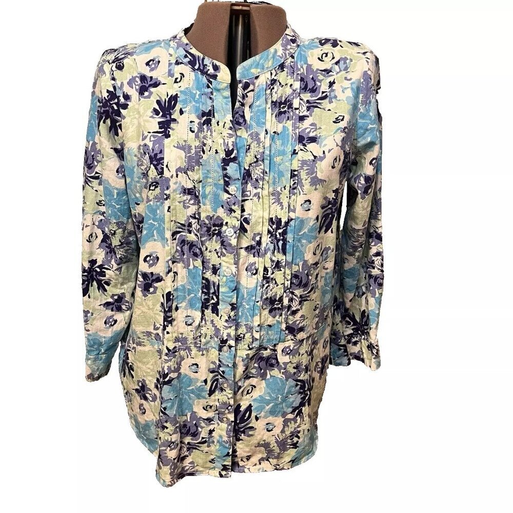 Women Within. Sz Large. Linen Rayon. PinTucks. Blue Purple. Button Up. B31